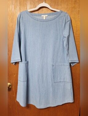 Eileen Fisher Short Denim Dress 100% Organic Cotton Light Wash Size XS (1441)